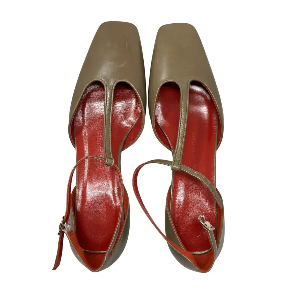 J Crew T-Strap Italian Leather Kitten Heels Womens 7.5 Aged Taupe‎ CR930